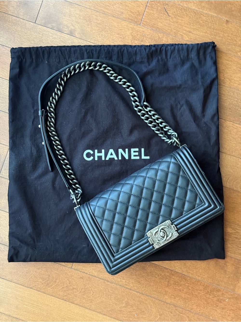 Chanel Black Quilted Boy Bag with Ruthenium Chain Strap